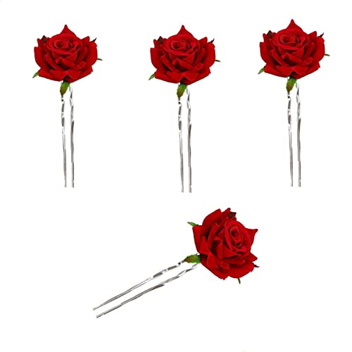 Rose Flower Hair Clips, 4pcs Small Red Rose Hair Clip, Bridal Hair Pins Flower for Women Wedding Halloween Party(red)