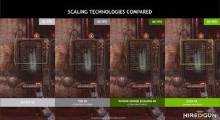 Nvidia screenshot comparing native, FSR, Nvidia Image Scaling, and DLSS at 4K in Necromunda Hired Gun