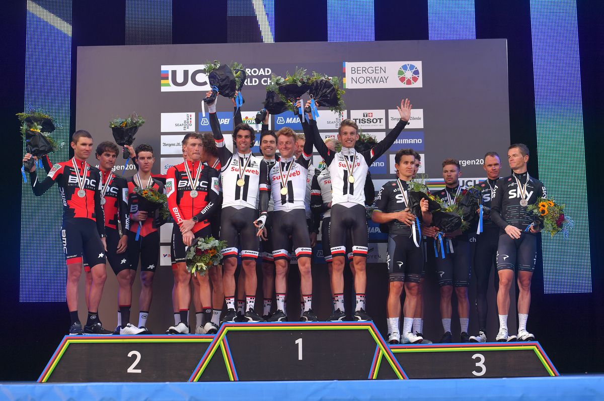 The Sunweb team celebrate while BMC and Sky wonder what could have been