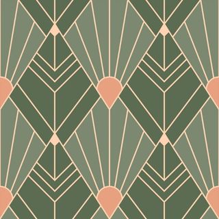 A close up shot of green, pink and gold art deco wallpaper by Bobbi Beck