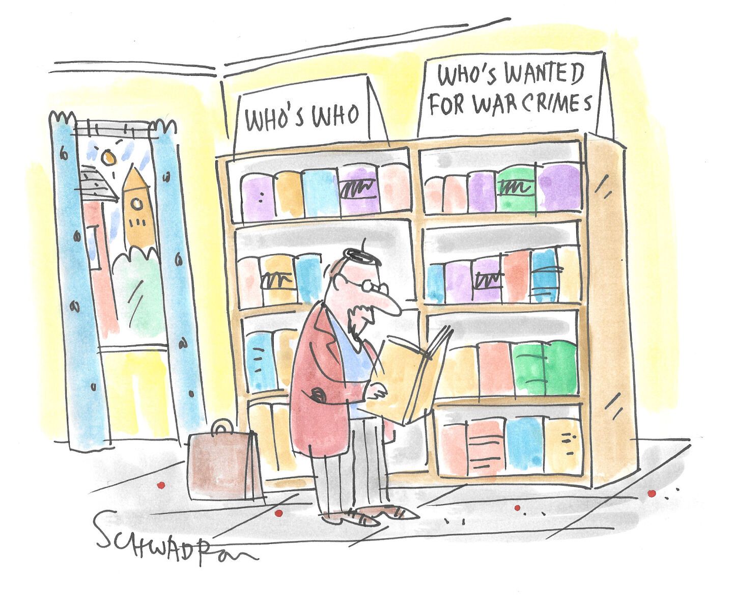 
                                A man is in a bookstore read a book. The shelves are labeled “Who’s Who” and next to that is “Who’s Wanted for War Crimes”.
                            