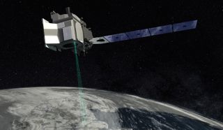 An artist's rendition of the ICESat-2 satellite in orbit studying ice sheets.