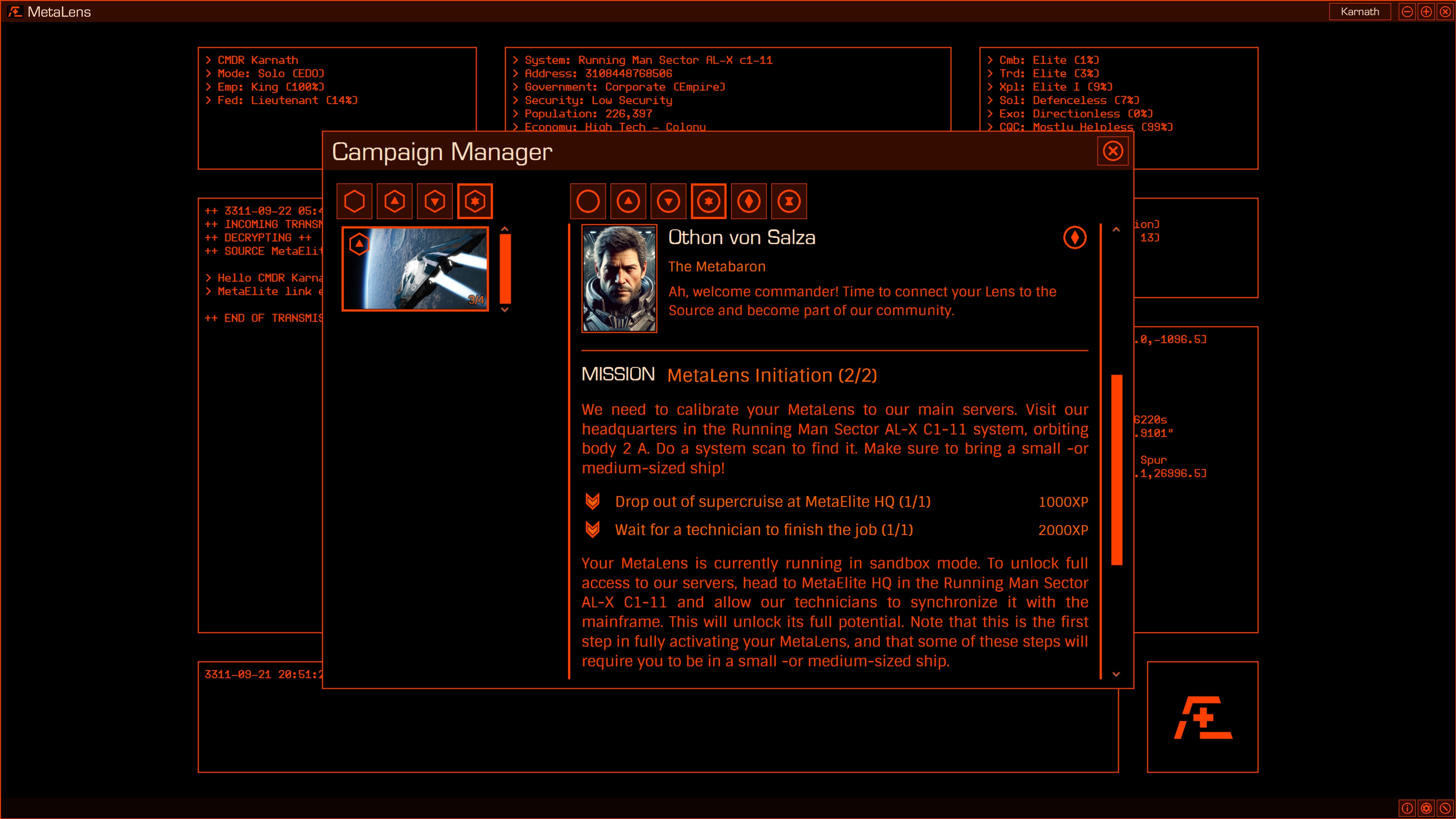 A mock red and black computer interface displaying MetaElite mission description. "Ah, welcome commander! Time to connect your Lens to the Source and become part of our community," says Othon von Salza, represented with a character portrait.