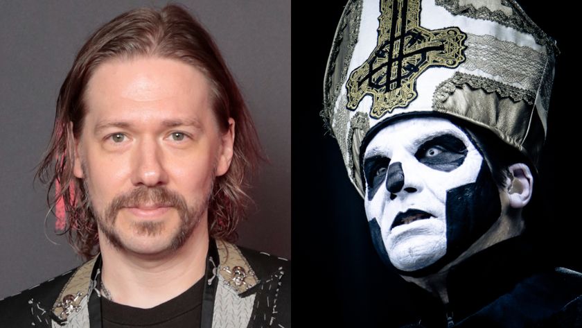 Tobias Forge at a red carpet event, and onstage in his Papa Emeritus III mask