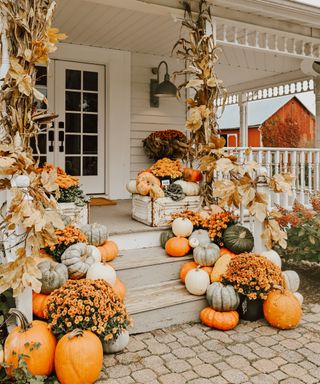 decorating with pumpkins, front porch with pumpkins of various shapes and colours on porch and steps, Halloween decoration