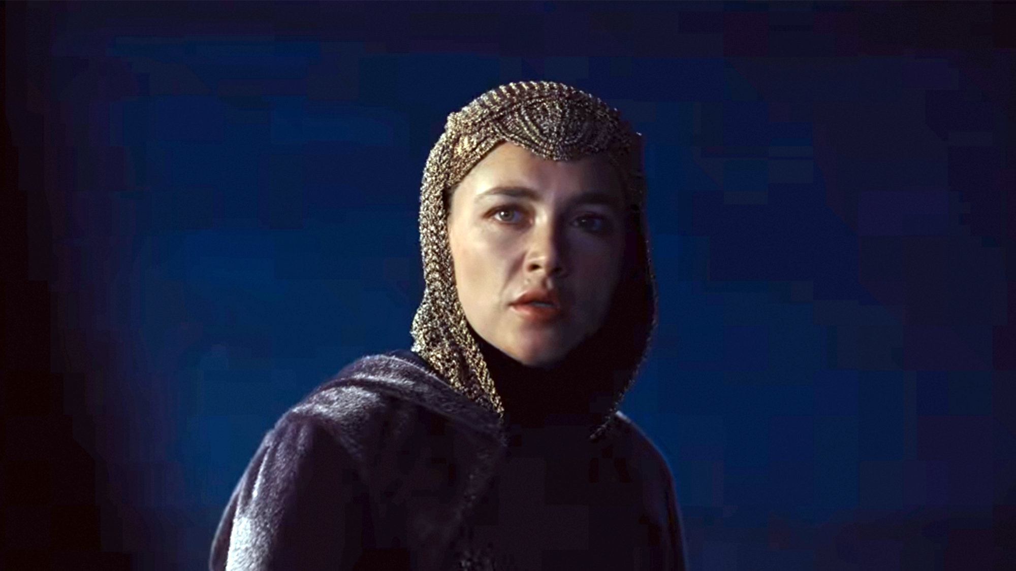 Florence Pugh in front of a blue background in Dune Part 3