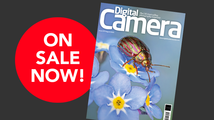 Front cover of issue 297 (August 2025) of Digital Camera magazine and a red blob that reads &#039;On sale now!&#039;