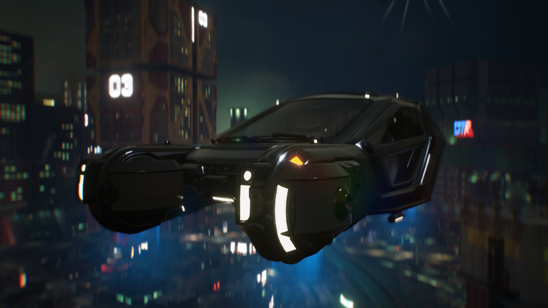 Blade Runner Spinner photographed flying through night city