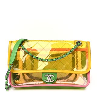 Chanel Pvc Lambskin Stitched Medium Coco Splash Flap Yellow Green Pink
