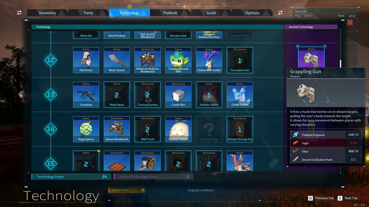 Palworld Grappling Gun in the Technology menu