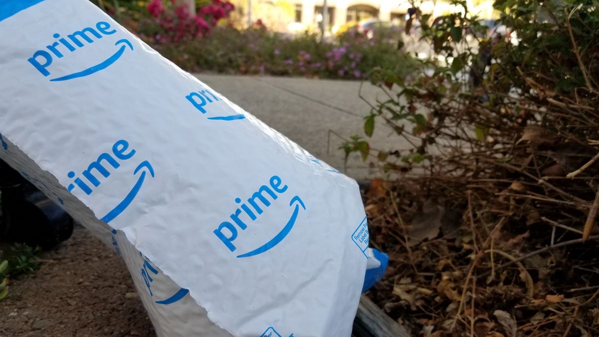 Close-up of Amazon Prime package outdoors in an office park