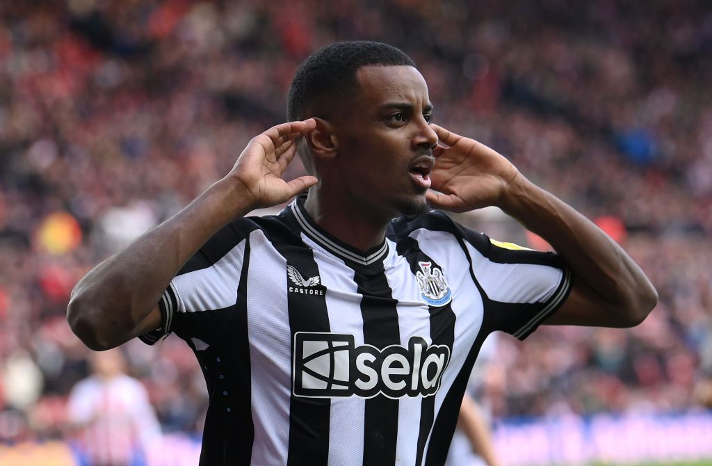 Newcastle player Alexander Isak celebrates after scoring the third goal from the penalty spot during the Emirates FA Cup Third Round match between Sunderland and Newcastle United at Stadium of Light on January 06, 2024 in Sunderland, England. (Photo by Stu Forster/Getty Images)