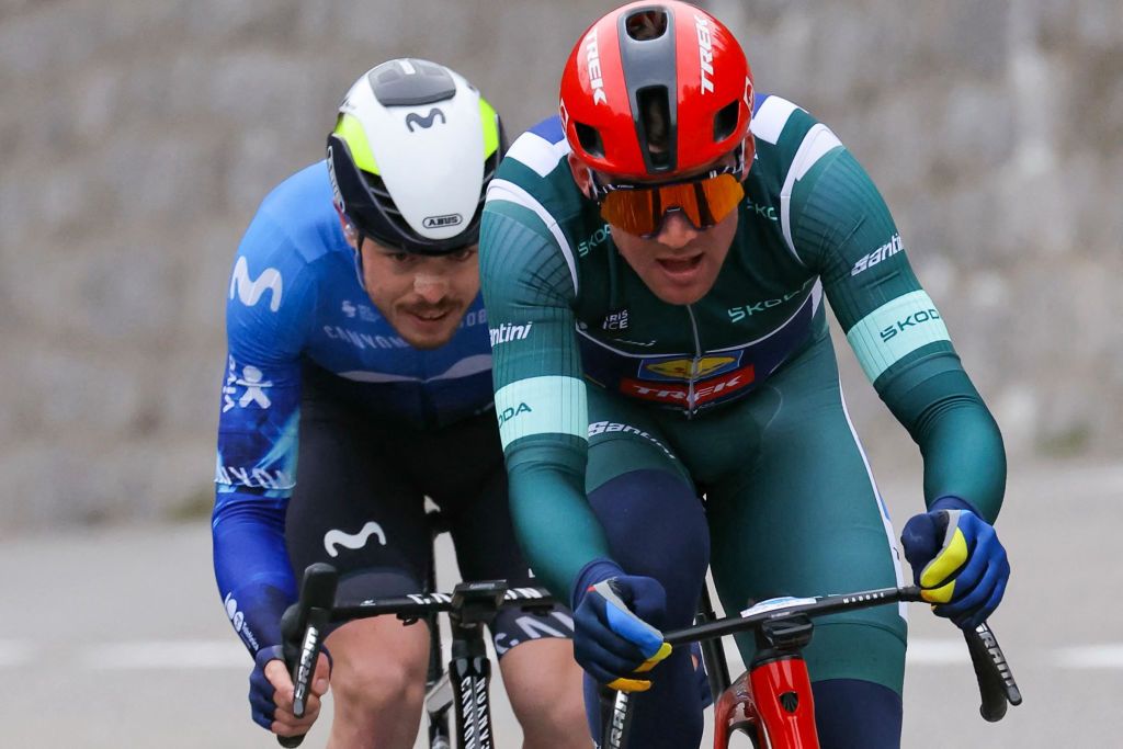 Lidl-Trek's Danish cyclist Mads Pedersen (R) and Movistar Team's French cyclist Remi Cavagna (L) ride in breakaway during the 6th stage of the Paris-Nice cycling race, 198,5 km between Sisteron and La Colle-sur-Loup, on March 8, 2024. (Photo by Thomas SAMSON / AFP)