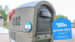 A mailbox with the Ring Mailbox Sensor installed and a Tom's Guide Prime Day deals badge