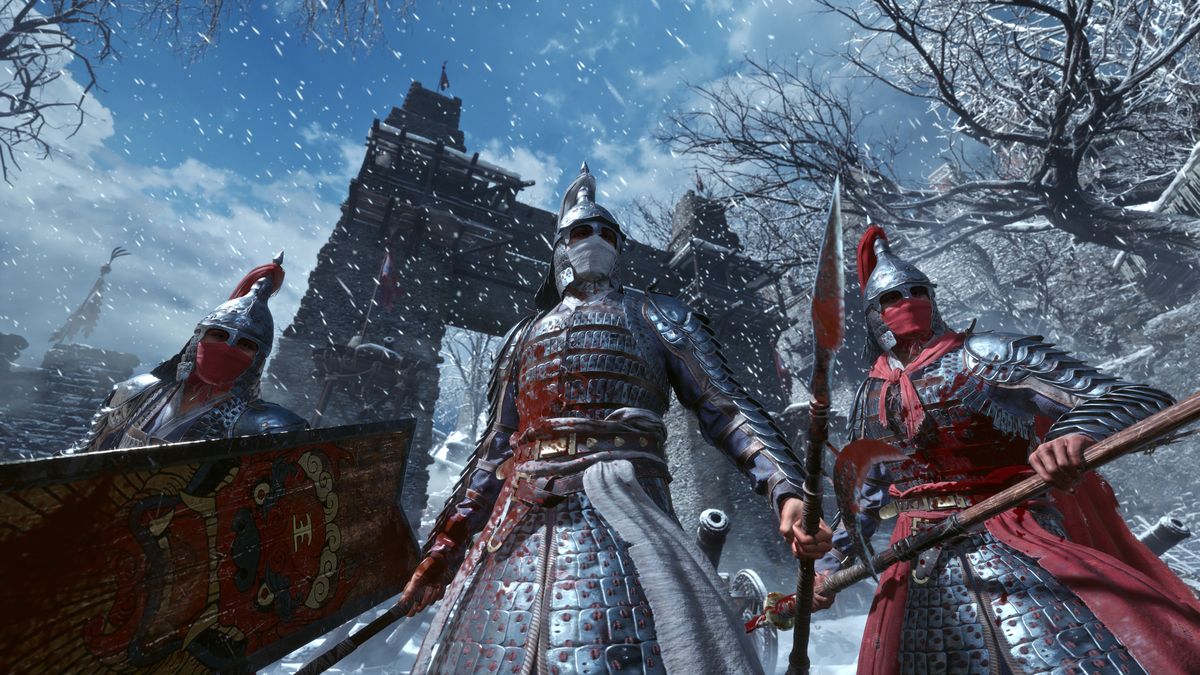 Snow falls as guards in armor and red highlights wait in Wuchang: Fallen Feathers