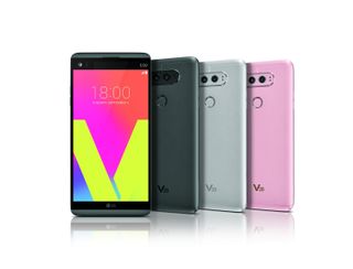A product shot showing a number of LG V20 smartphones with different colours
