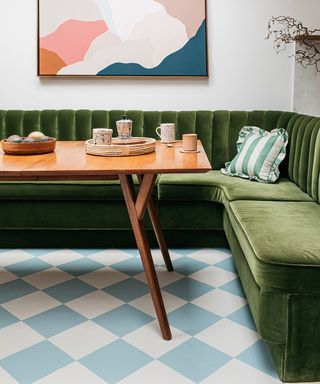 blue and white checkerboard floor