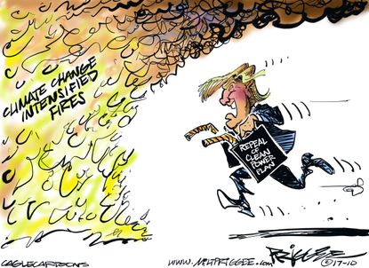 Political cartoon U.S. California fire Trump clean power repeal