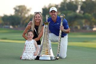 Rory McIlroy with his wife and daughter after his DP World Tour Championship win in 2024