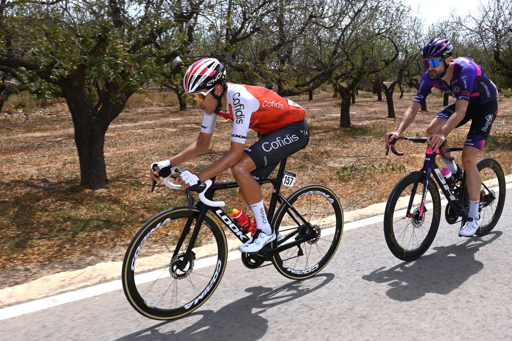OLIVA SPAIN SEPTEMBER 01 LR Jos Herrada of Spain and Team Cofidis and Ander Okamika Bengoetxea of Spain and Team BurgosBH compete in the breakaway during the 78th Tour of Spain 2023 Stage 7 a 2008km stage from Utiel to Oliva UCIWT on September 01 2023 in Oliva Spain Photo by Tim de WaeleGetty Images