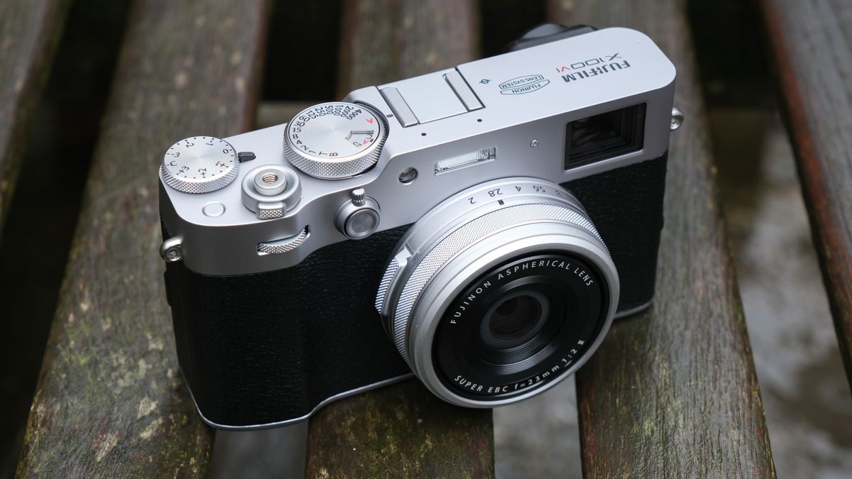 Fujifilm X100VI camera on a slatted wooden bench