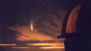 Hale-Bopp comet won't return to the inner solar system for thousands of years. This image shows Comet Hale-Bopp with Palomar Mountain's 48 inch telescope in the foreground.