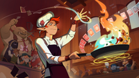 An elf in a chef's apron weaves magical cards into a frying pan
