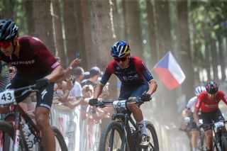 Tom Pidcock races at the Nove Mesto MTB World Cup in 2022