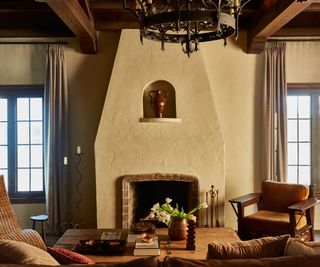 Spanish revival fireplace with a textural plasterwork finish