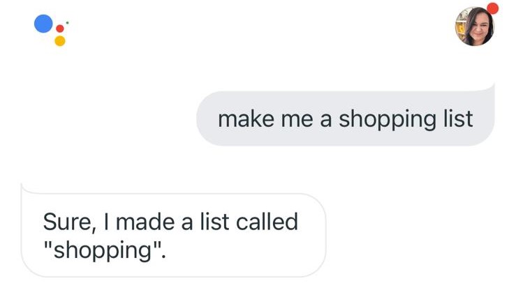 Google Assistant chat showing user asking the app to make a shopping list