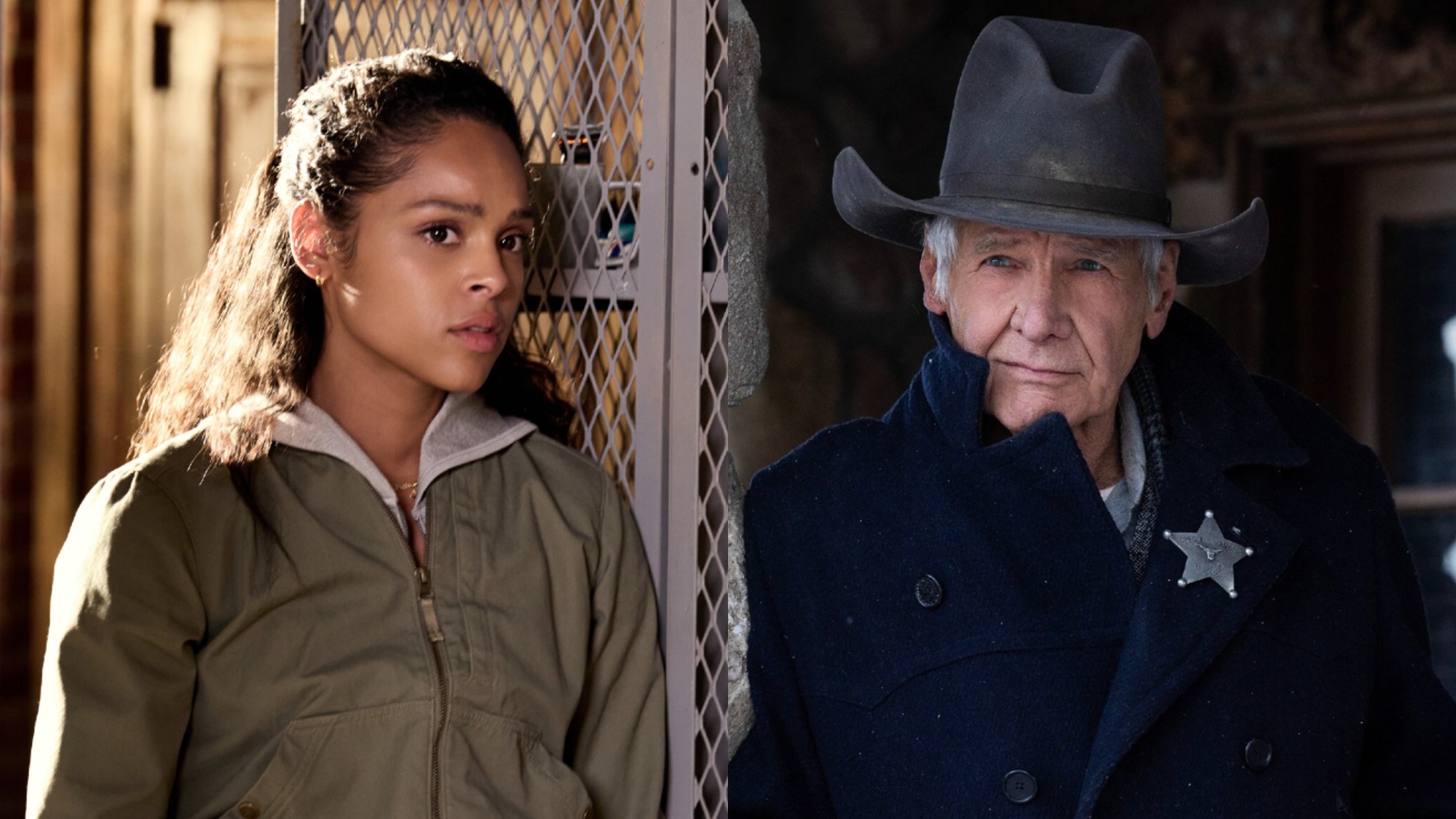 From left to right: Ash Santos as Andrea in Marshals and Harrison Ford as Jacob in 1923.