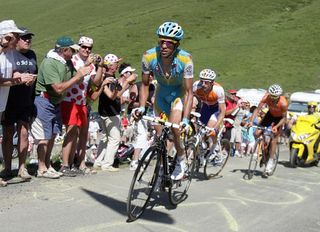 Alberto Contador (Astana) leads the other favorites, sans Andy Schleck, up the mountain