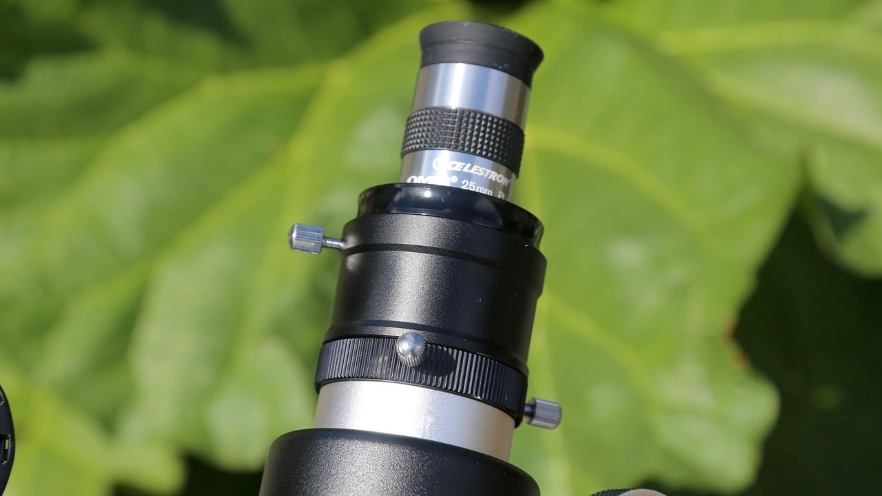 Close up of Celestron StarSense Explorer 8" Dobsonian telescope eyepiece