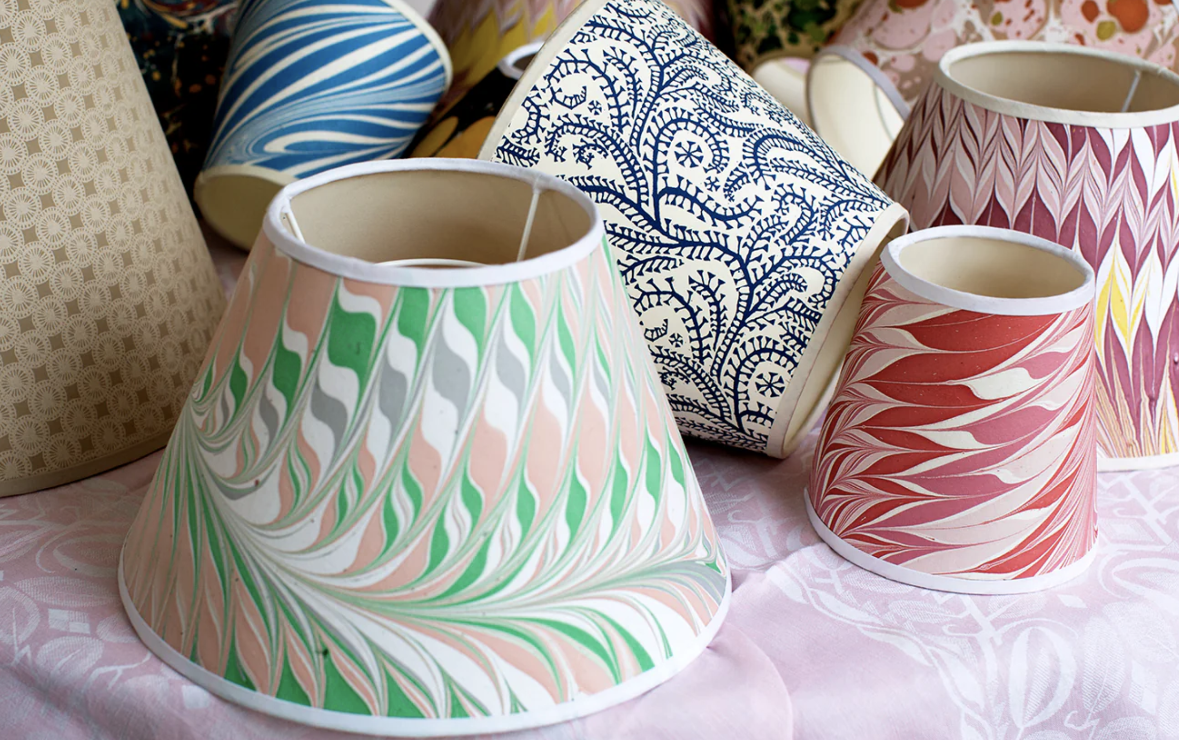 lampshades with marbled, colorful prints on them