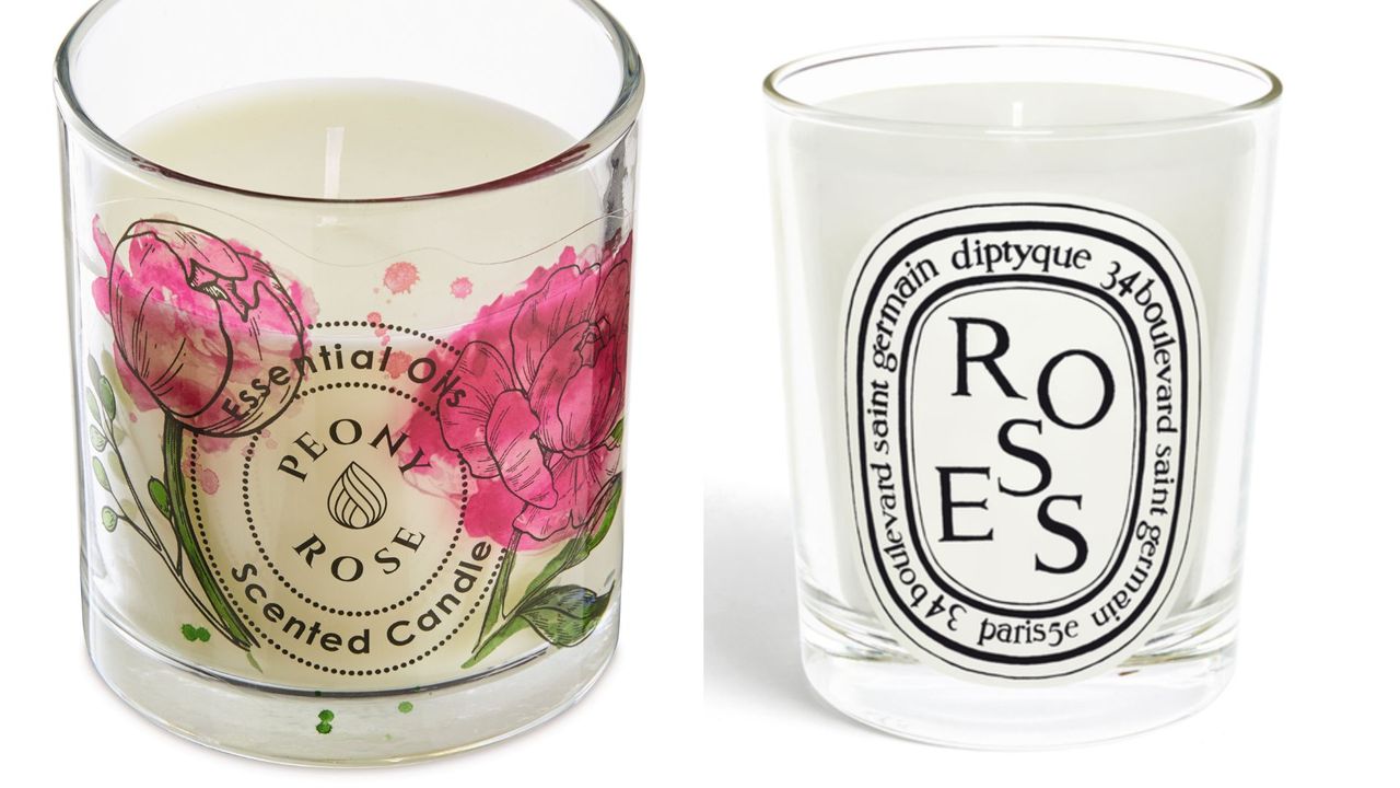Aldi rose scnetd candle next to Diptyque rose candle