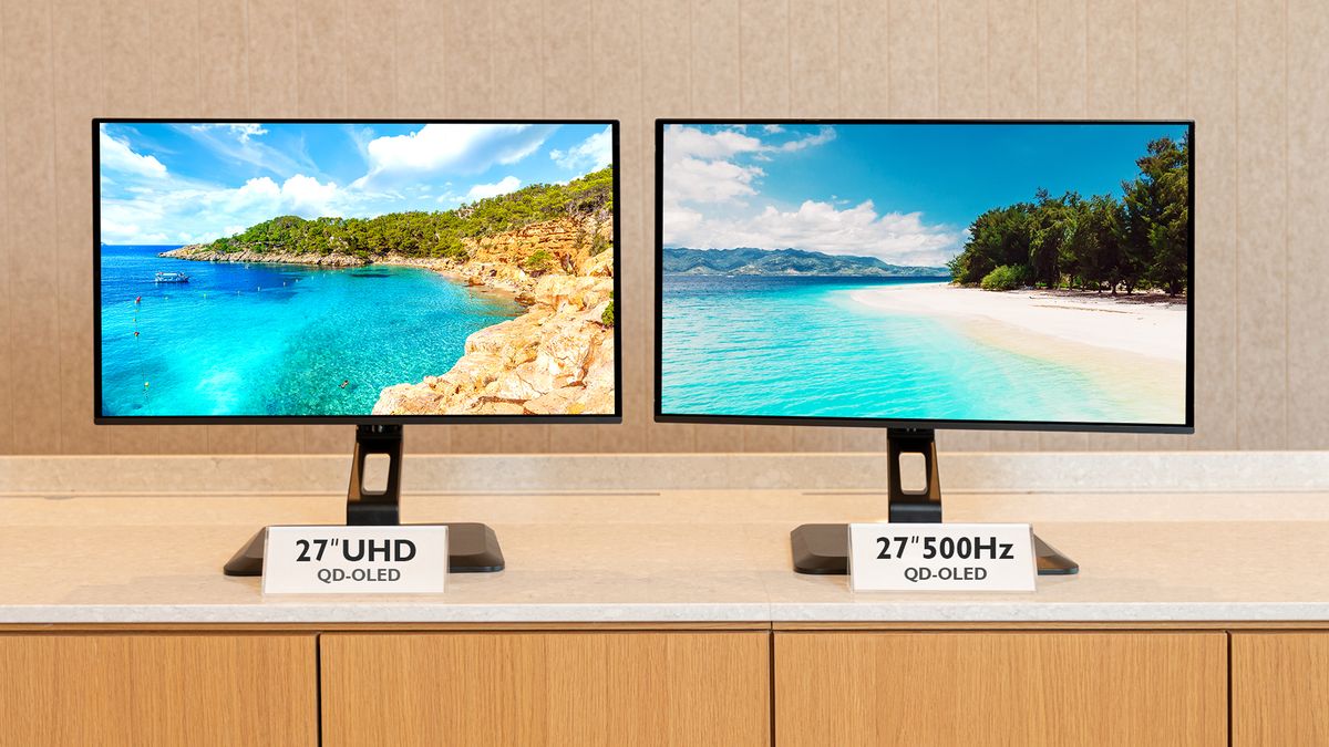 Samsung display two newly unveiled QD monitor panels at CES 2025, Las Vegas, Nevada, USA.