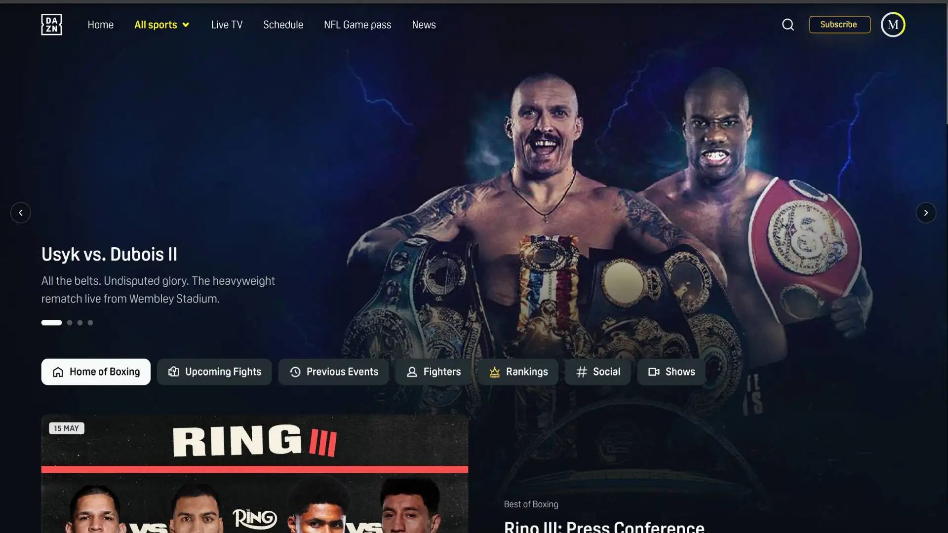 A screenshot of the DAZN home page
