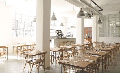 The non-fussy, industrial interior of Lyle’s, located in the Tea Building in London’s Shoreditch