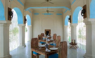 A view of the dining area inside Lakshman Sagar Heritage Resort