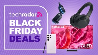 Samsung Galaxy S24 Ultra phone, Samsung S90C OLED TV, Sony WH-1000XM4 headphones and Nextbase iQ dash cam on a purple background next to text reading 'Black Friday deals'