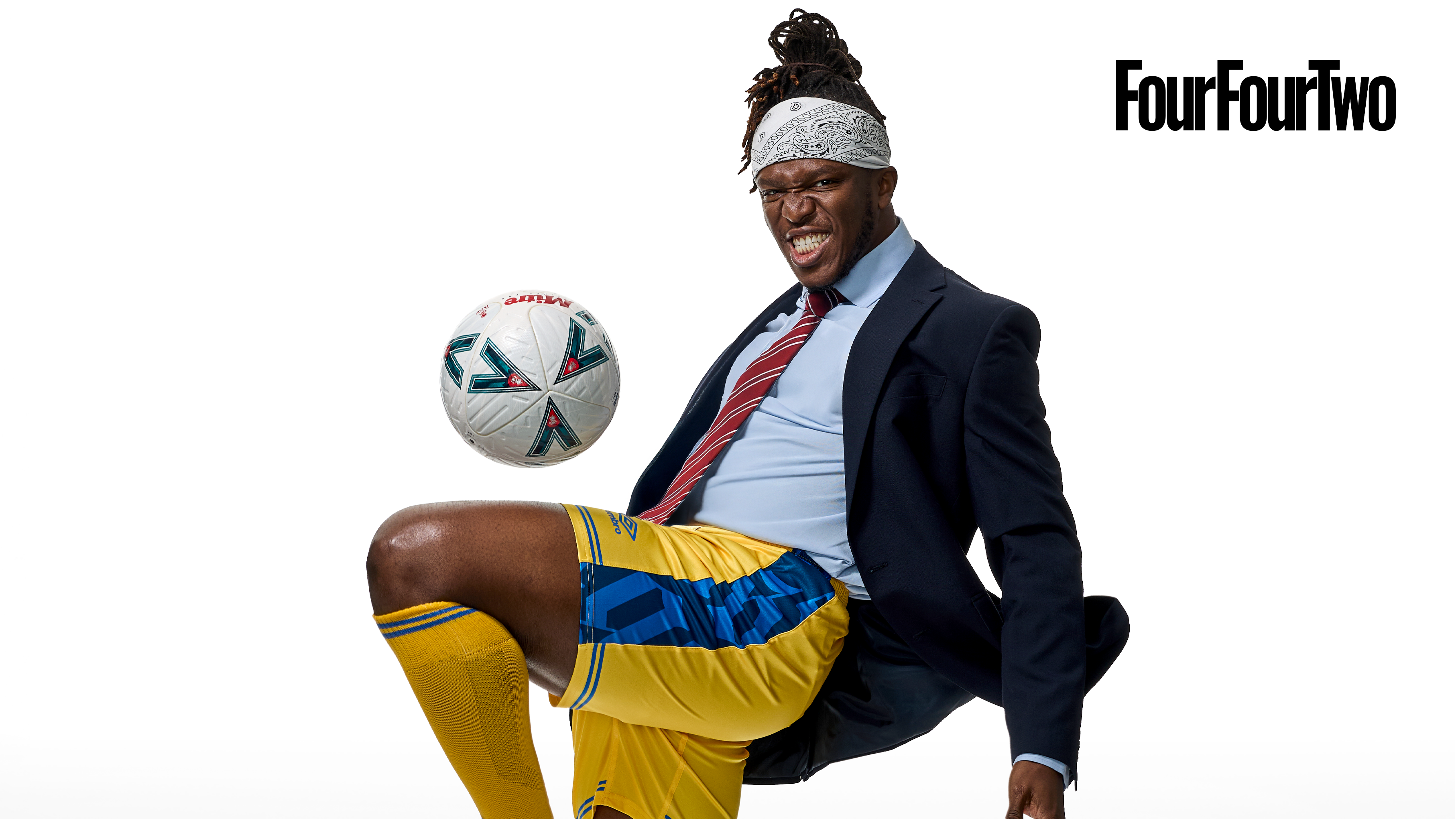 KSI takes part in a photoshoot at Dagenham &amp; Redbridge for the front cover of FourFourTwo magazine's July 2026 cover 393
