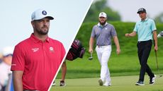 (Left) Bryson DeChambeau looks on during the 2025 US Open while Tyrrell Hatton and Carlos Ortiz walk side by side at the 2025 US Open (right)