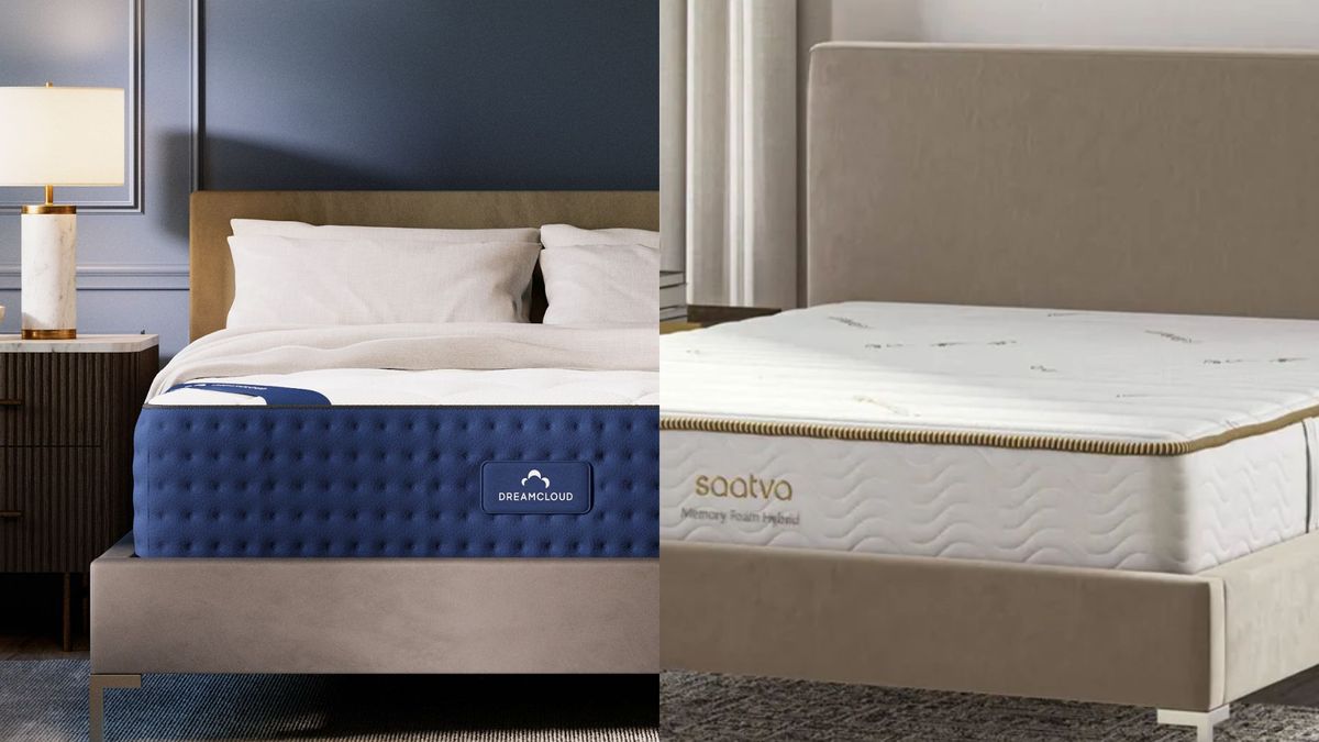 The image shows the DreamCloud mattress on the left hand side of the image and the Saatva Memory Foam Hybrid mattress on the right in a side by side comparison