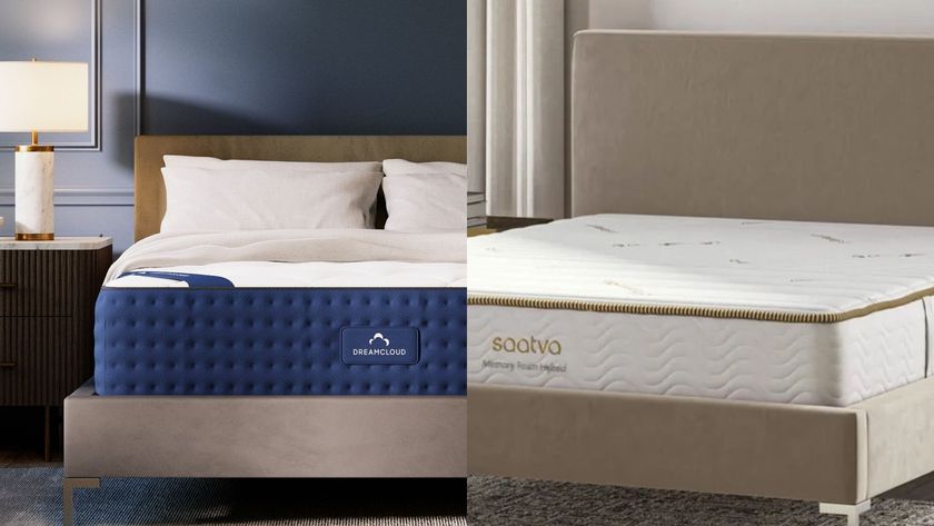 The image shows the DreamCloud mattress on the left hand side of the image and the Saatva Memory Foam Hybrid mattress on the right in a side by side comparison