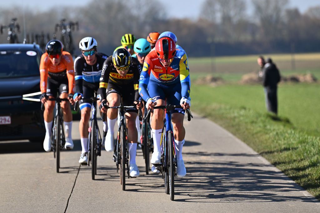 DOUR BELGIUM MARCH 04 LR Silas Koch of Germany and Team Lotto KernHaus PSD Bank and Jakob Soderqvist of Sweden and Team Lidl Trek lead the breakaway during the the 57th Ename Samyn Classic 2025 a 1991km one day race from Quaregnon to Dour on March 04 2025 in Dour Belgium Photo by Luc ClaessenGetty Images