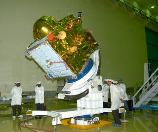 The Indian Regional Navigation Satellite System 1A satellite, IRNSS-1A, is prepared for its July 1, 2013, launch by the Indian Space Research Organisation. It is India's first navigation satellite.