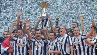 Juventus players celebrate with the Serie A trophy after a game against Atalanta in May 2012.