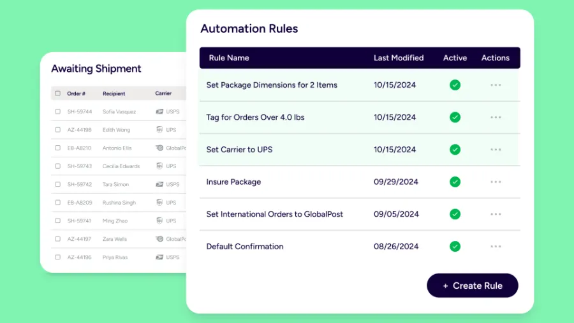 ShipStation automation rules mock-up on a desktop with a green background