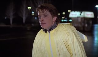 Back to the Future Marty stands stunned in his radiation suit