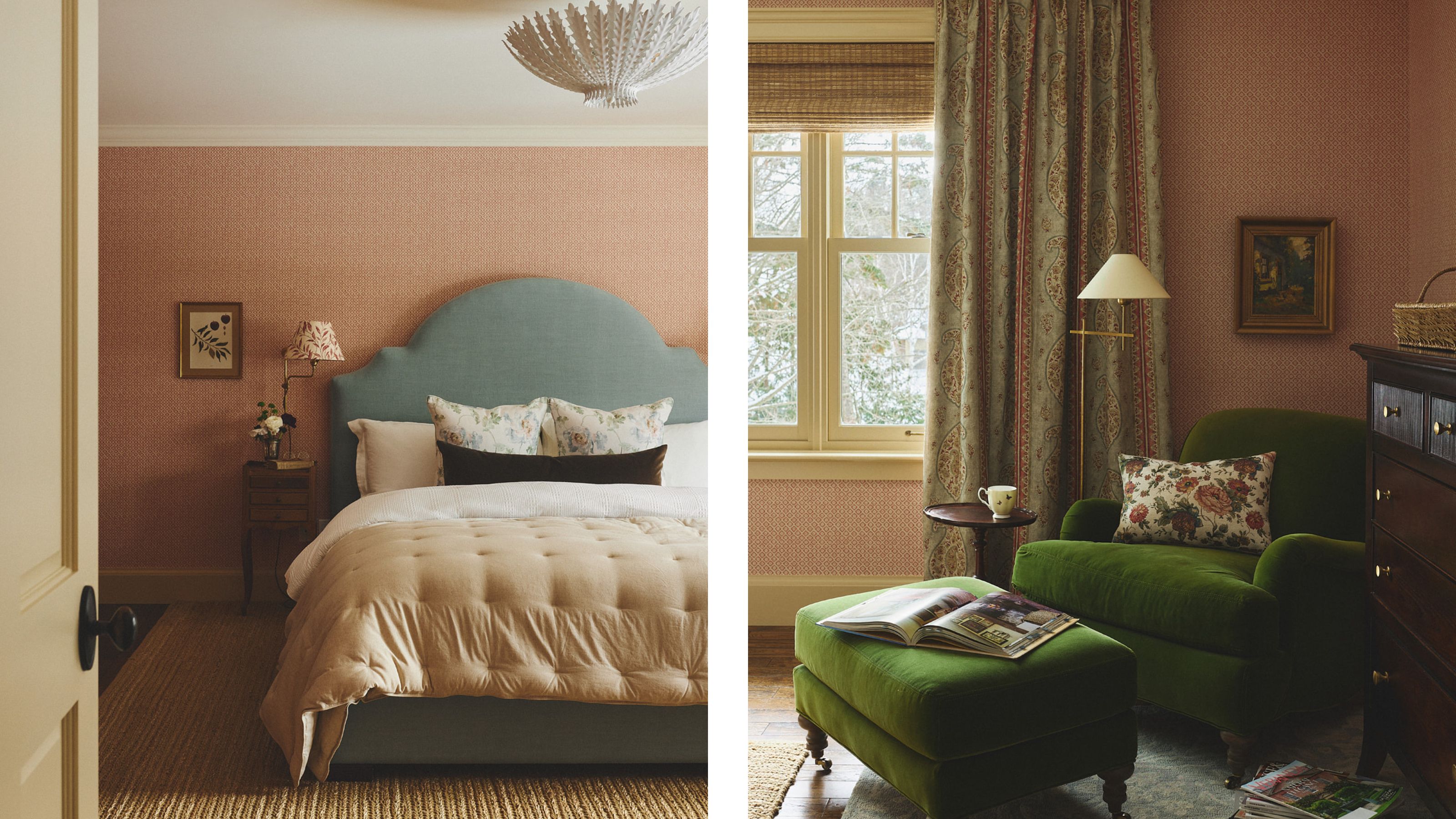 two side by side images of a pink wallpapered bedroom with blue shapely headboard and a green velvet sitting area
